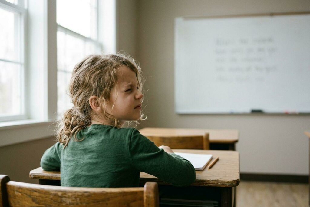 A child at a classroom desk, squinting, looking off to the side with a notebook and pencil in front of them.