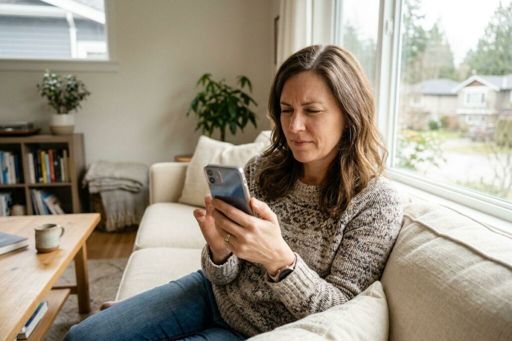 An adult sitting on a couch by a window, squinting at a smartphone.