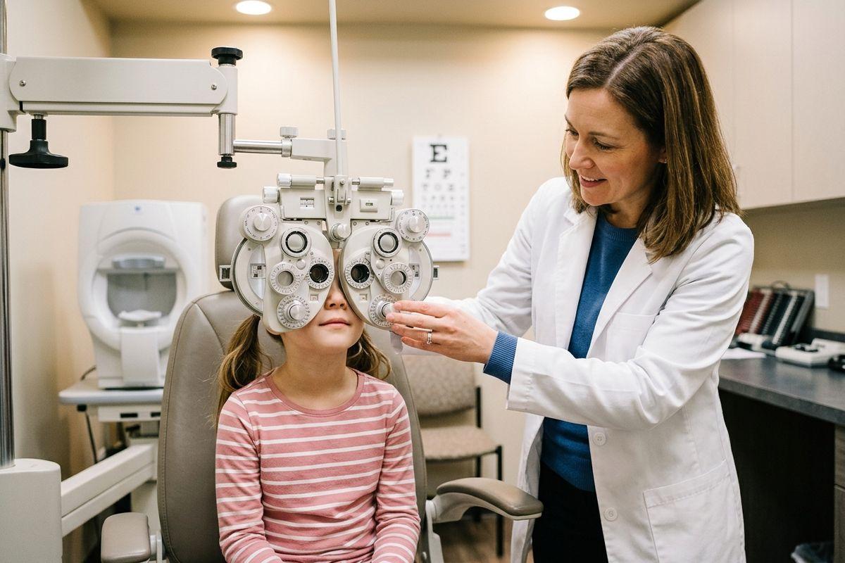 An optometrist adjusts a phoropter for a child during an eye exam, with an eye chart on the wall behind them.