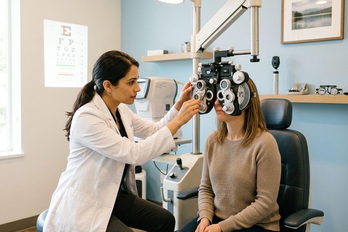 An optometrist adjusts a phoropter for a seated patient during an eye exam, with an eye chart on the wall.