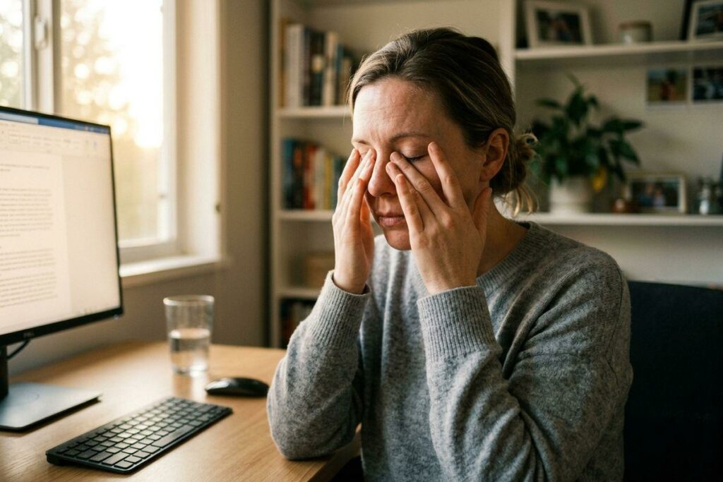 A person rubbing both eyes at a desk with a computer, keyboard, and glass of water.