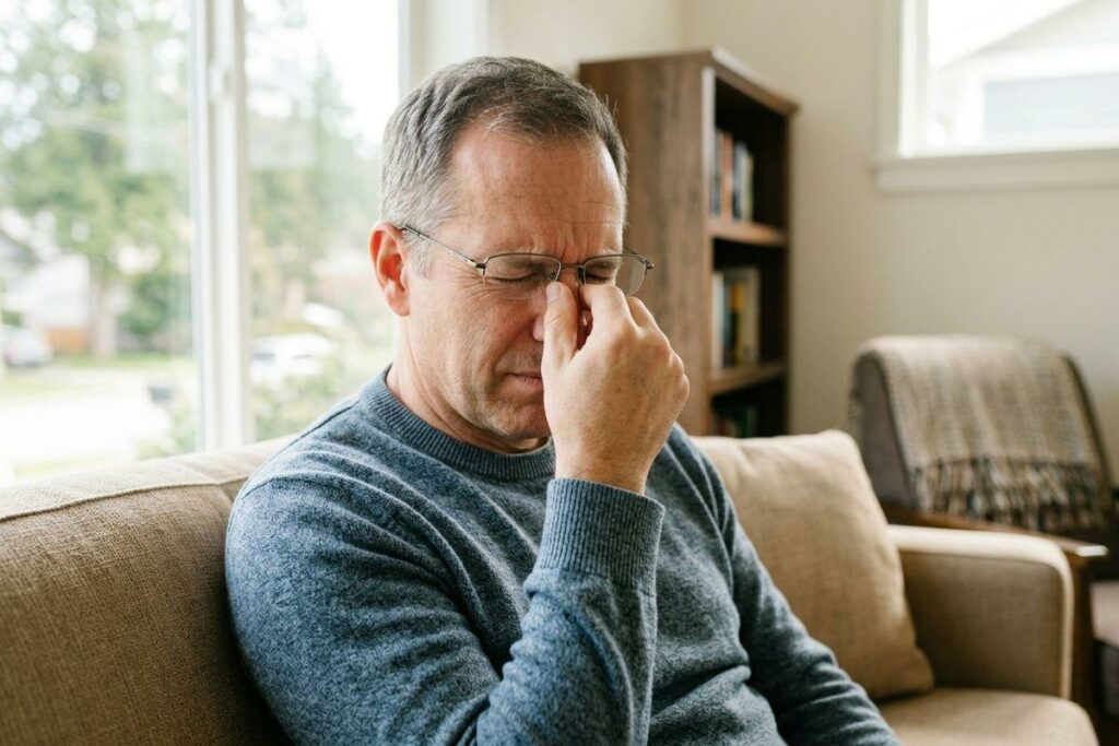 A person with glasses sitting on a couch, pinching bridge of nose with eyes closed, looking tired.