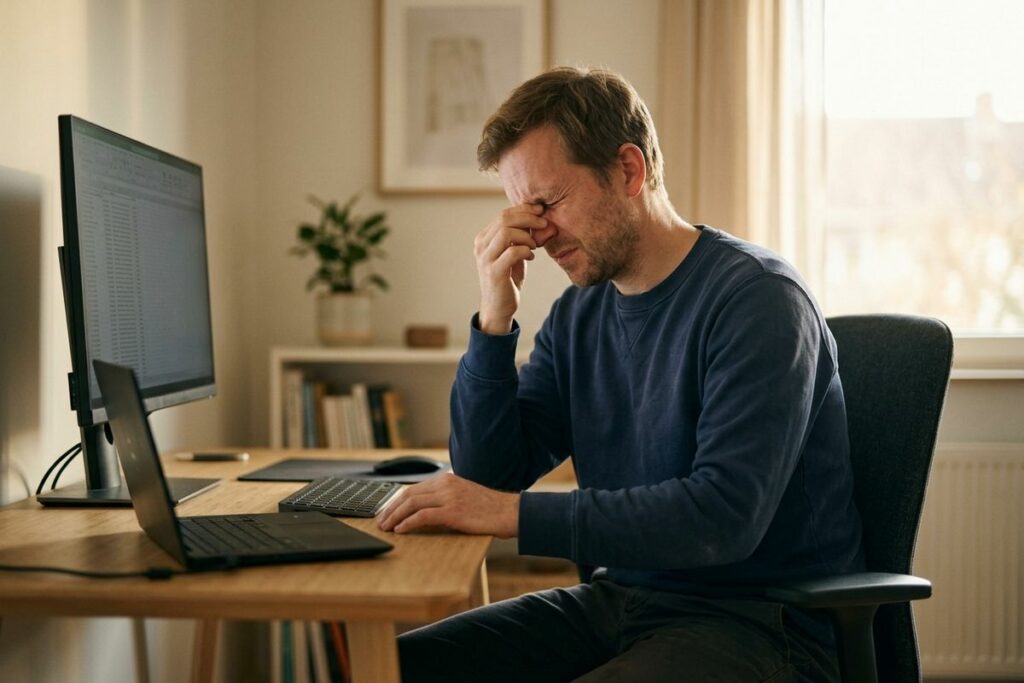 A person at a desk pinching the bridge of their nose, looking strained, in front of a computer monitor and laptop.