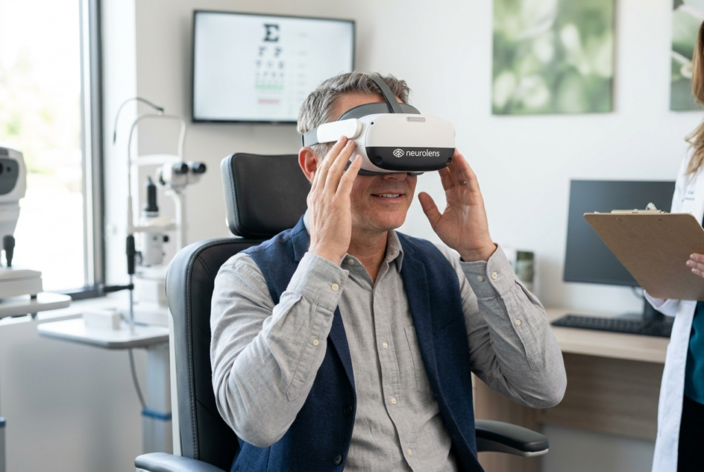 Patient smiling while adjusting a headset labeled neurolens in an eye exam room, as an optometrist with a clipboard stands nearby.