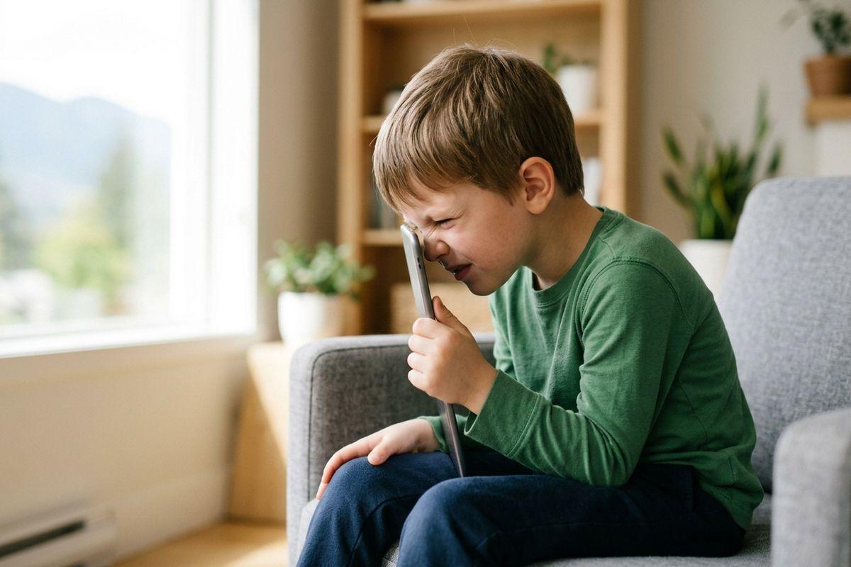 A child in a green shirt sitting on a couch, squinting while holding a tablet close to their face.
