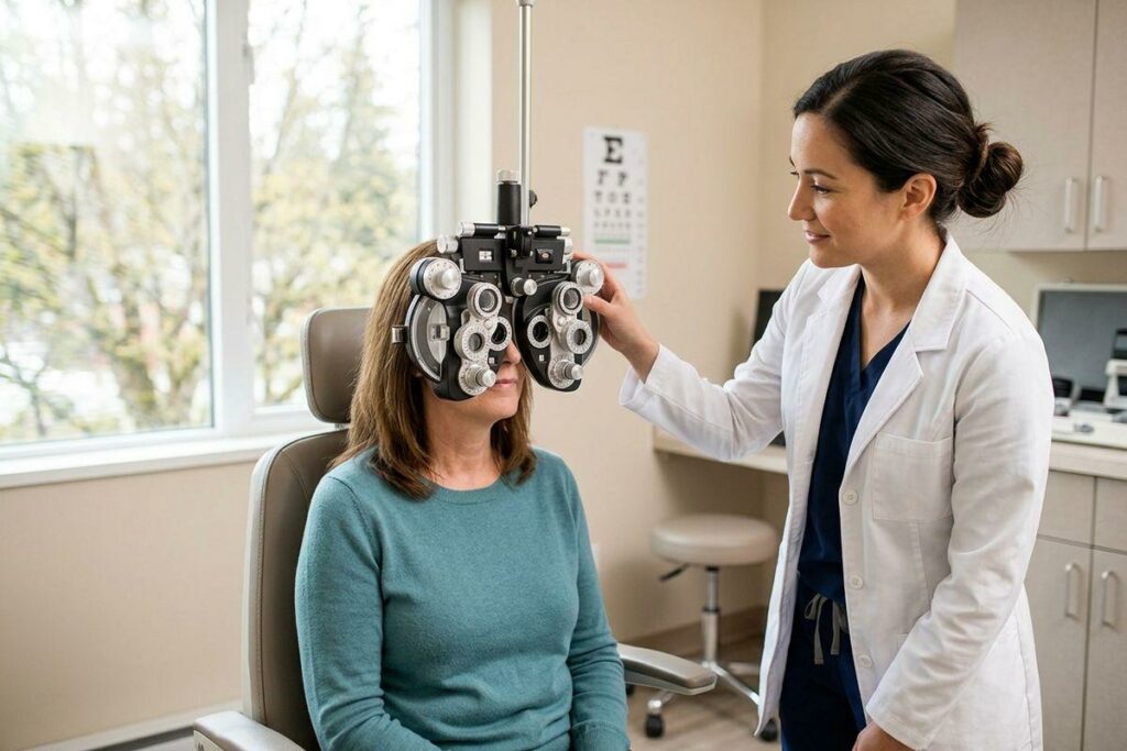 An optometrist adjusting a phoropter for a seated patient during an eye exam, with an eye chart on the wall.