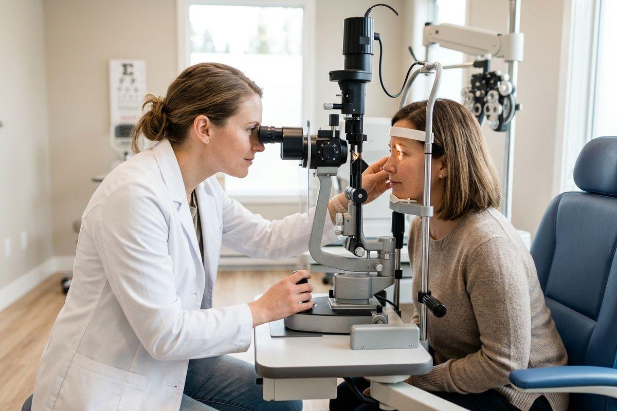 An optometrist examines a patient's eyes using a slit lamp in an exam room.