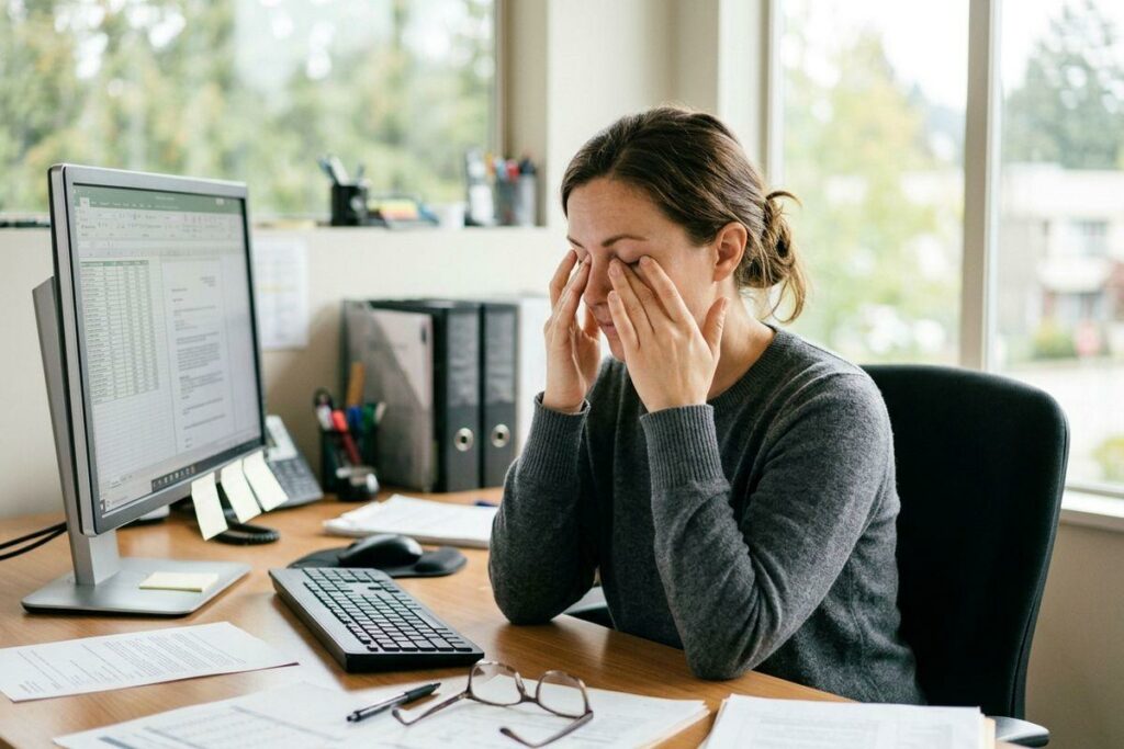 Person at an office desk rubbing their eyes in front of a computer monitor, with keyboard, papers, and glasses nearby.